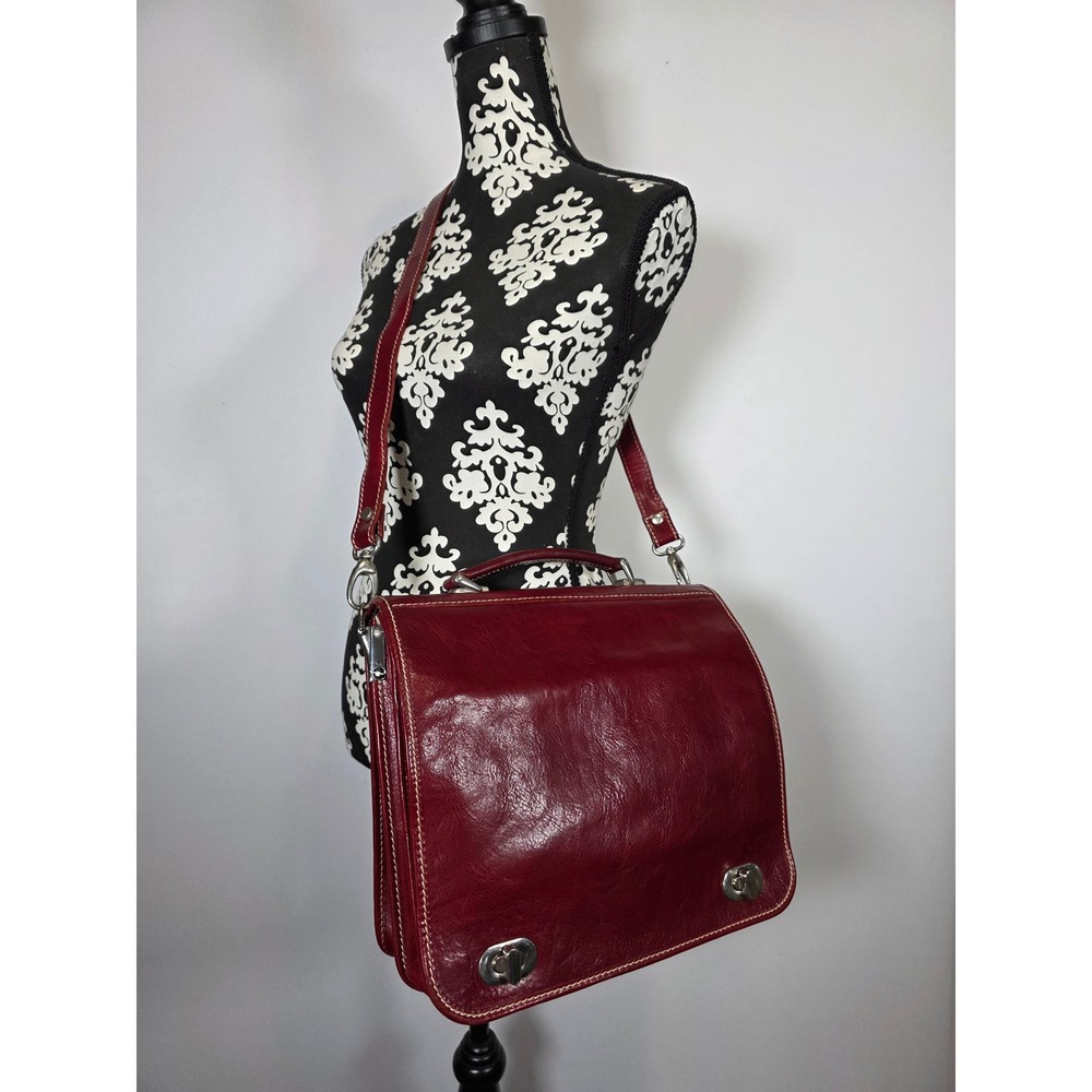 Vintage Italian Genuine Leather Organizer Satchel Crossbody with Shoulder Strap